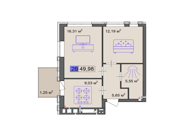 ЖК Пастеровский: планировка 2-комнатной квартиры 49.98 м²