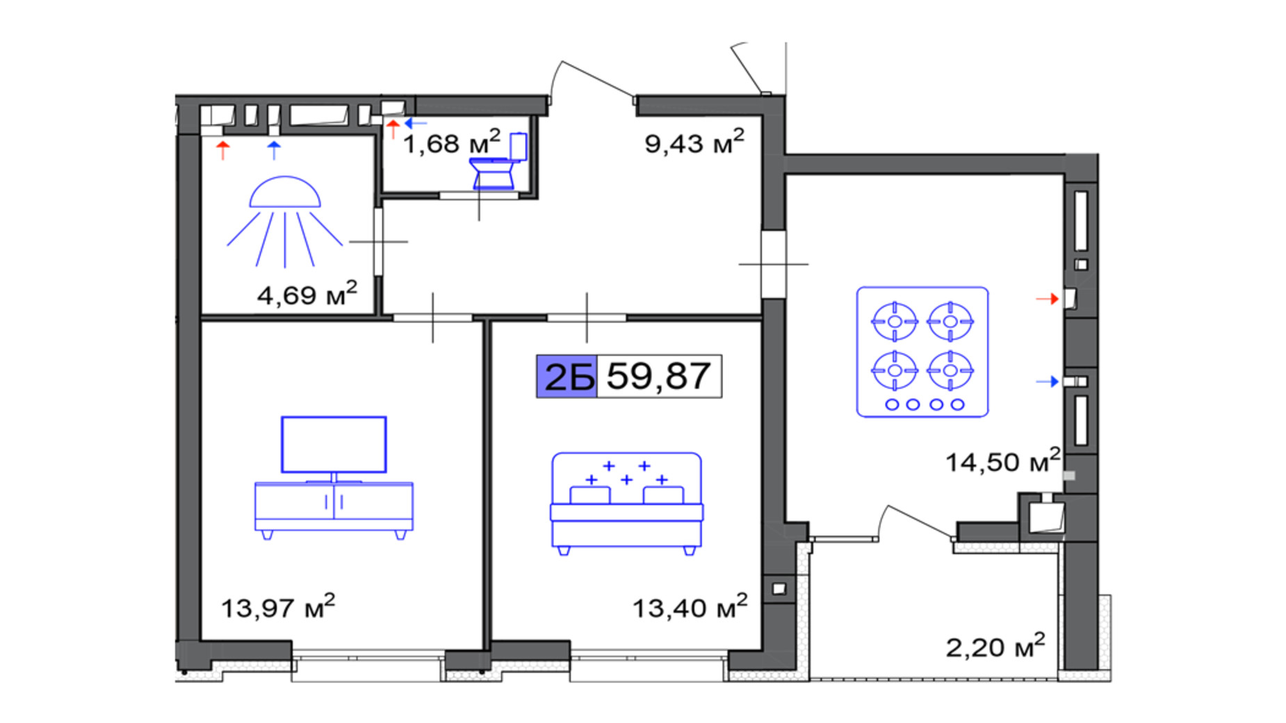 Планування 2-кімнатної квартири в ЖК Пастерівський 59.87 м², фото 680628