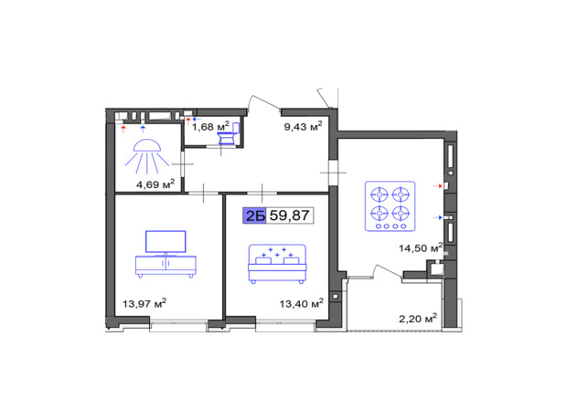 ЖК Пастерівський: планування 2-кімнатної квартири 59.87 м²