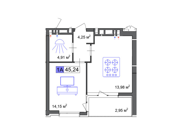ЖК Пастерівський: планування 1-кімнатної квартири 45.24 м²