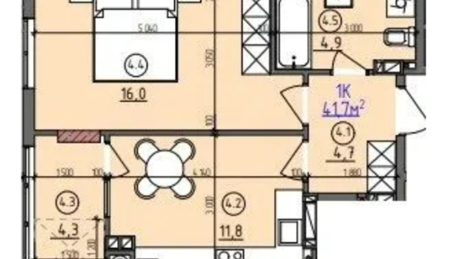 Планировка 1-комнатной квартиры в ЖК ул. Длинная 30А 41.7 м², фото 680658