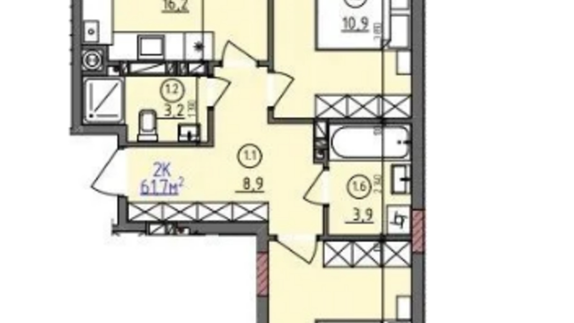 Планировка 2-комнатной квартиры в ЖК ул. Длинная 30А 61.7 м², фото 680659