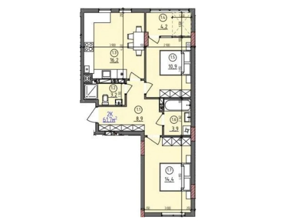 ЖК ул. Длинная 30А: планировка 2-комнатной квартиры 61.7 м²