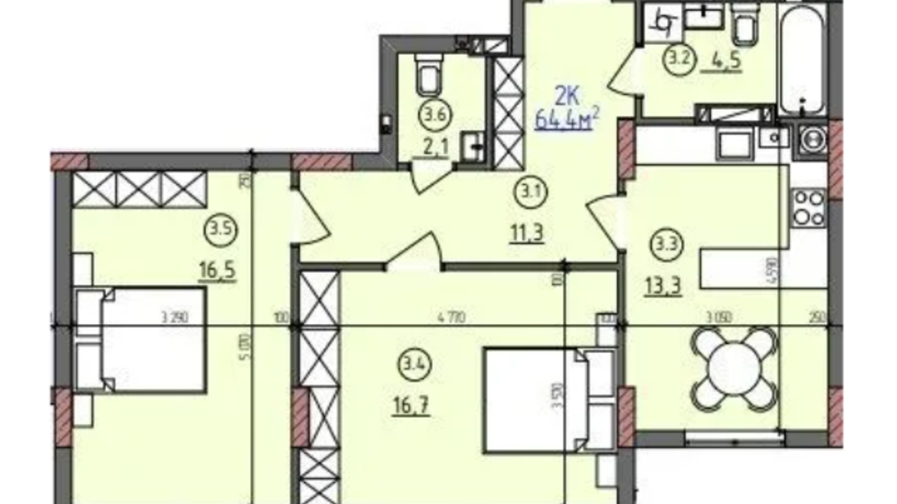 Планування 2-кімнатної квартири в ЖК вул. Довга 30А 64.4 м², фото 680660