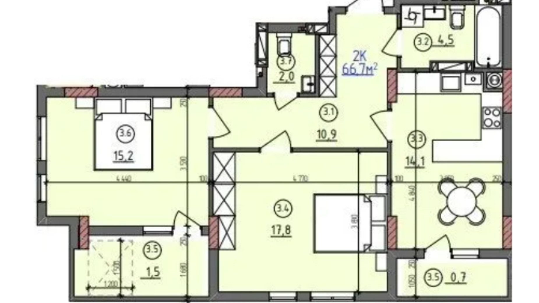 Планировка 2-комнатной квартиры в ЖК ул. Длинная 30А 66.7 м², фото 680661