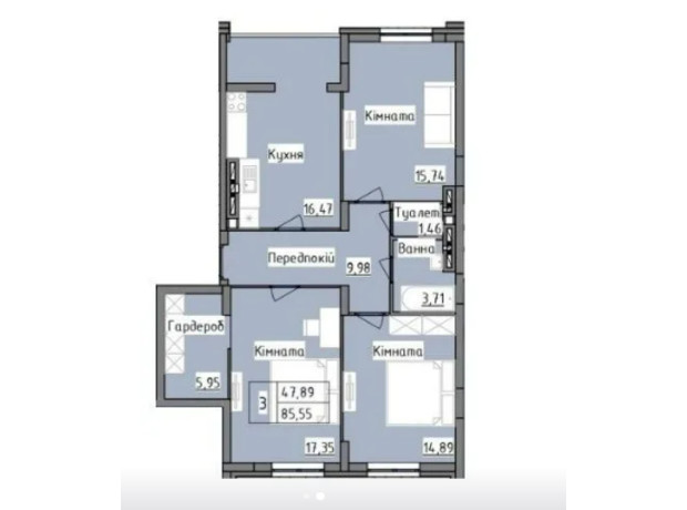 ЖК R2 residence: планировка 3-комнатной квартиры 85.5 м²