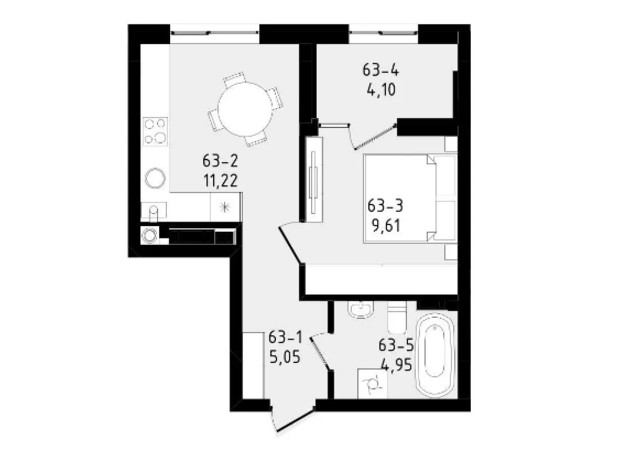 ЖК Вілла Зубра: планування 1-кімнатної квартири 34.7 м²