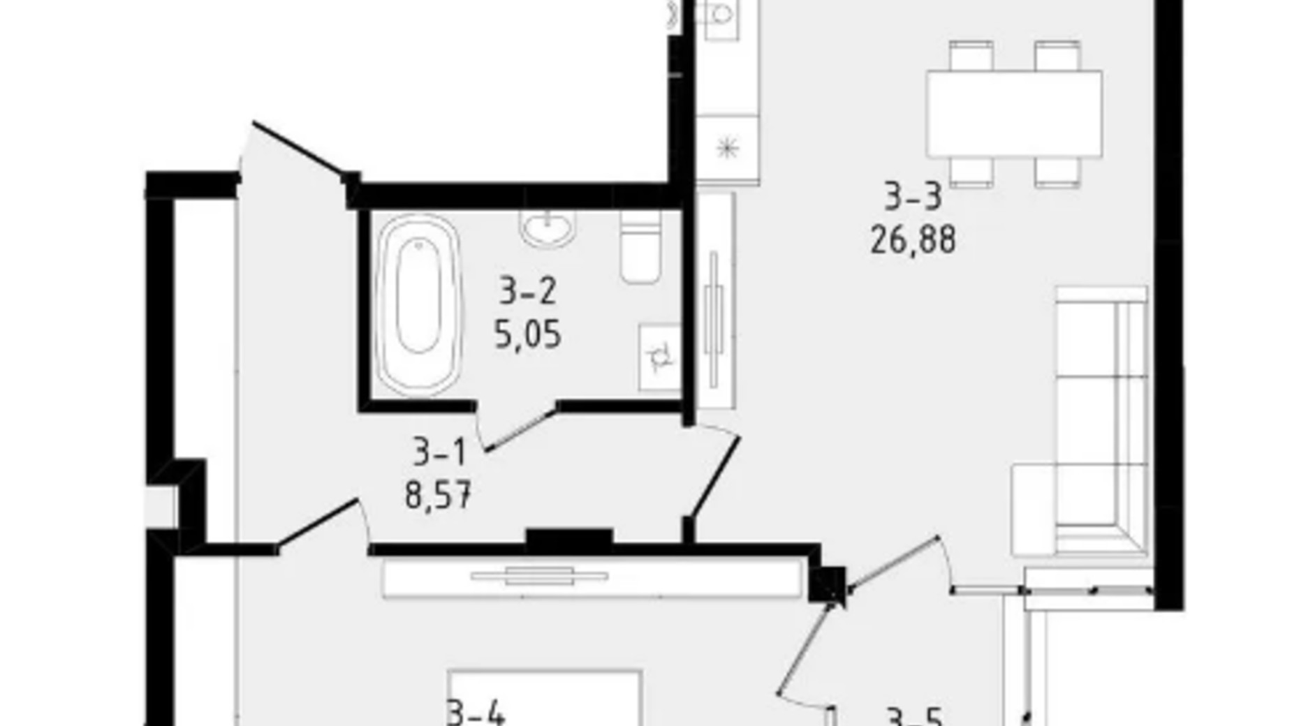 Планування 1-кімнатної квартири в ЖК Вілла Зубра 60.5 м², фото 680751