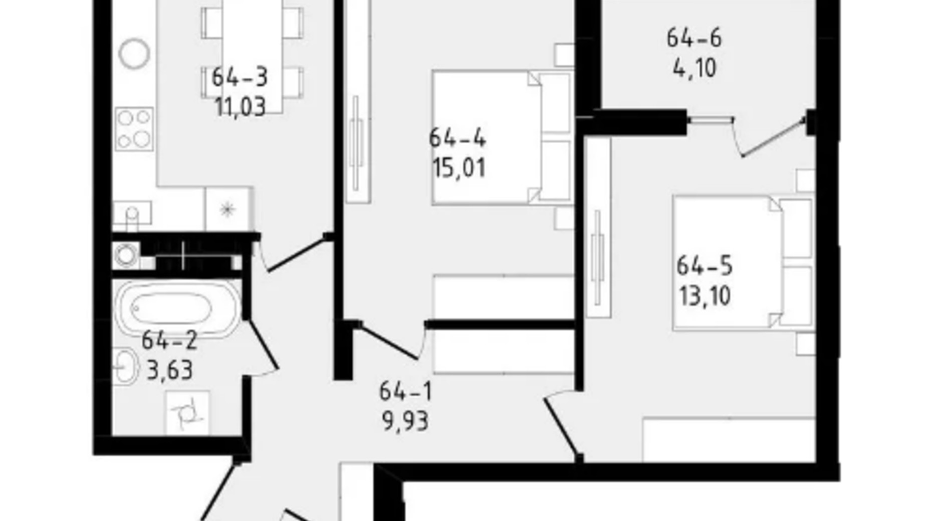 Планування 2-кімнатної квартири в ЖК Вілла Зубра 58 м², фото 680752
