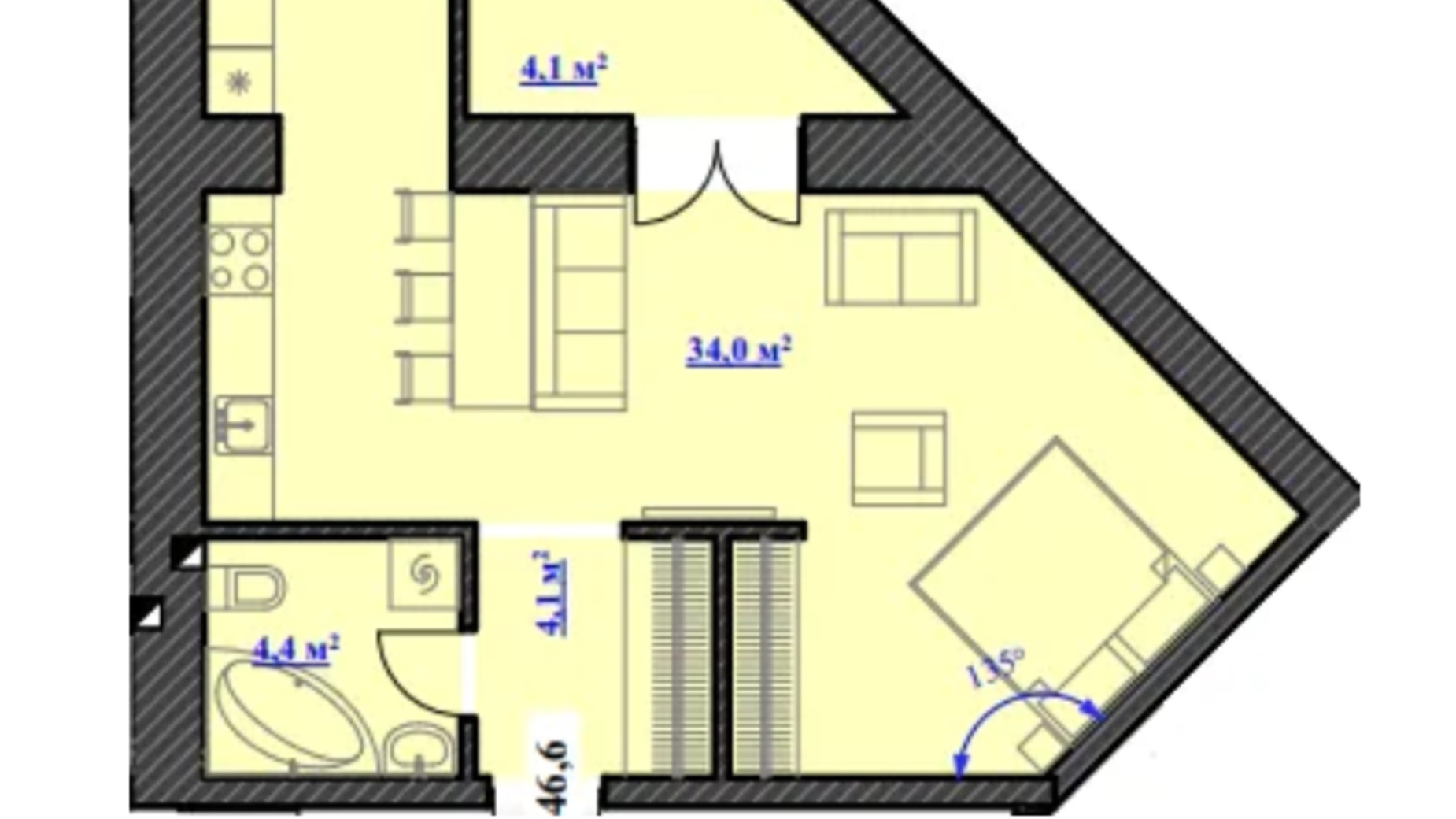 Планировка 1-комнатной квартиры в ЖК Юбилейный 46.6 м², фото 680758