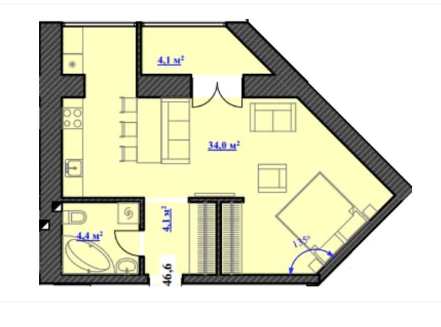 ЖК Юбилейный: планировка 1-комнатной квартиры 46.6 м²