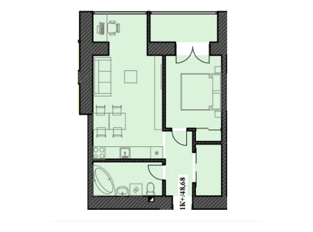 ЖК Ювілейний: планування 1-кімнатної квартири 48.68 м²
