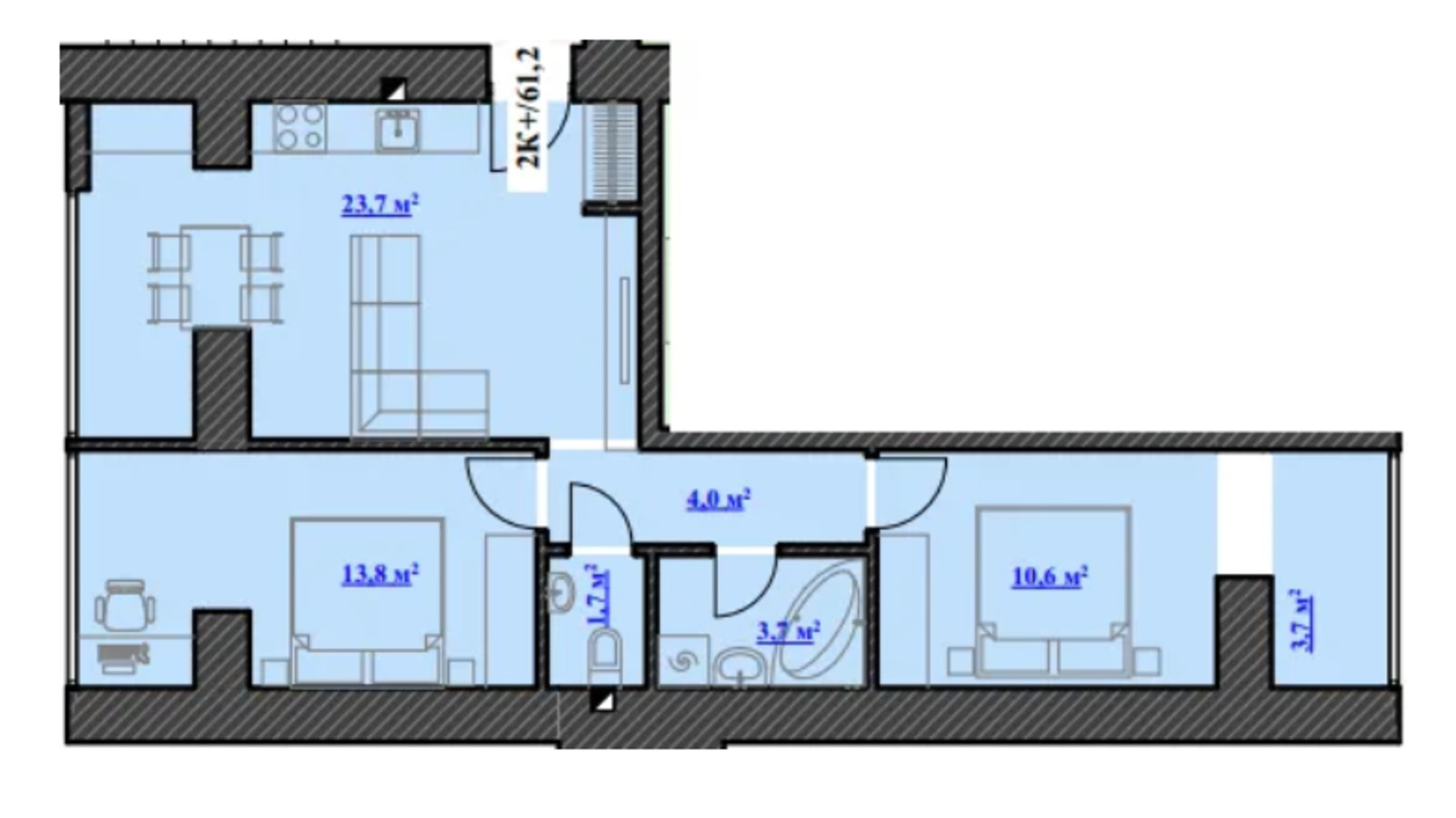 Планировка 2-комнатной квартиры в ЖК Юбилейный 61.2 м², фото 680760