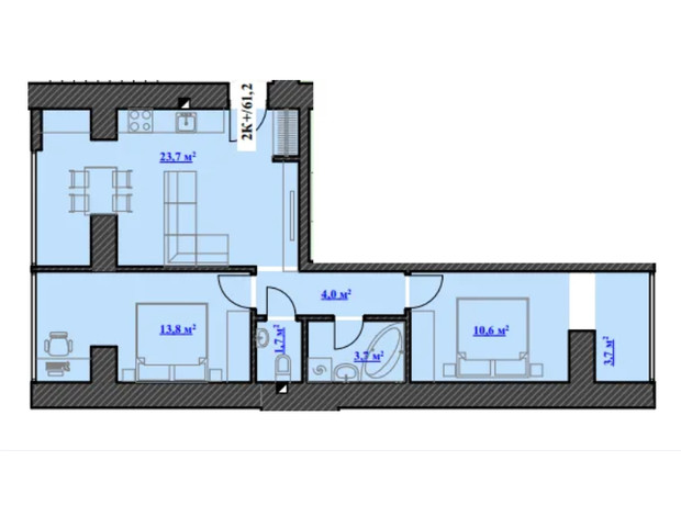 ЖК Ювілейний: планування 2-кімнатної квартири 61.2 м²