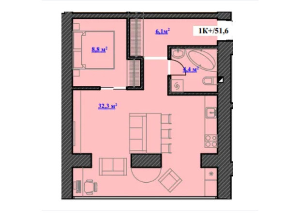 ЖК Юбилейный: планировка 1-комнатной квартиры 51.6 м²