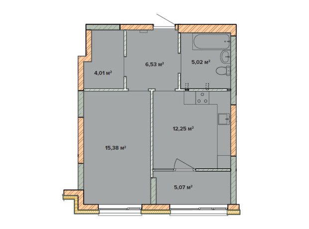 ЖК Krona Park 2: планування 1-кімнатної квартири 48.26 м²