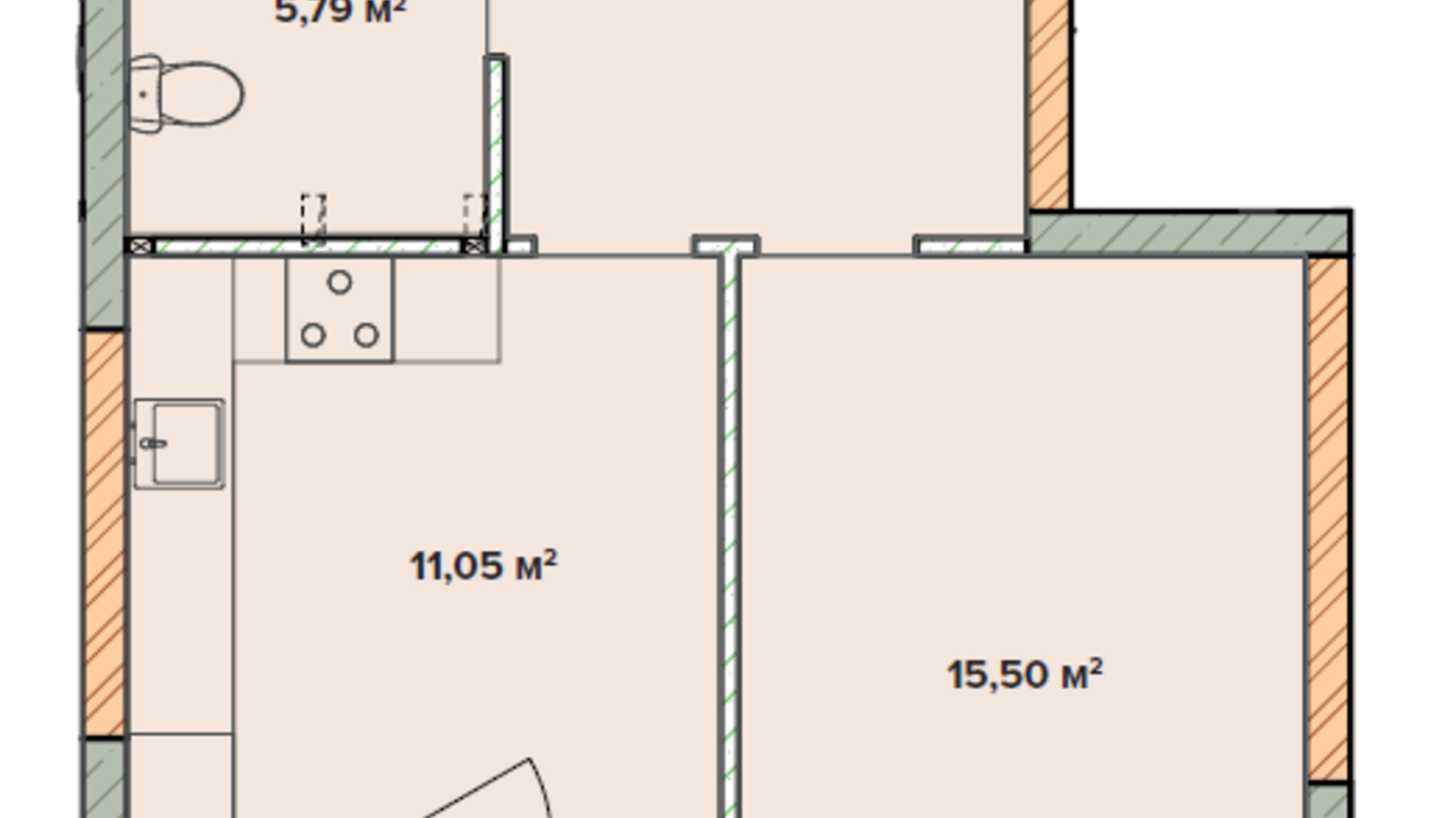 Планування 1-кімнатної квартири в ЖК Krona Park 2 45.76 м², фото 680842