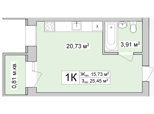 ЖК Burgundia 3: планировка 1-комнатной квартиры 25.88 м²