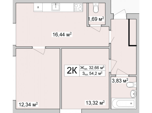 ЖК Burgundia 3: планировка 2-комнатной квартиры 53.63 м²