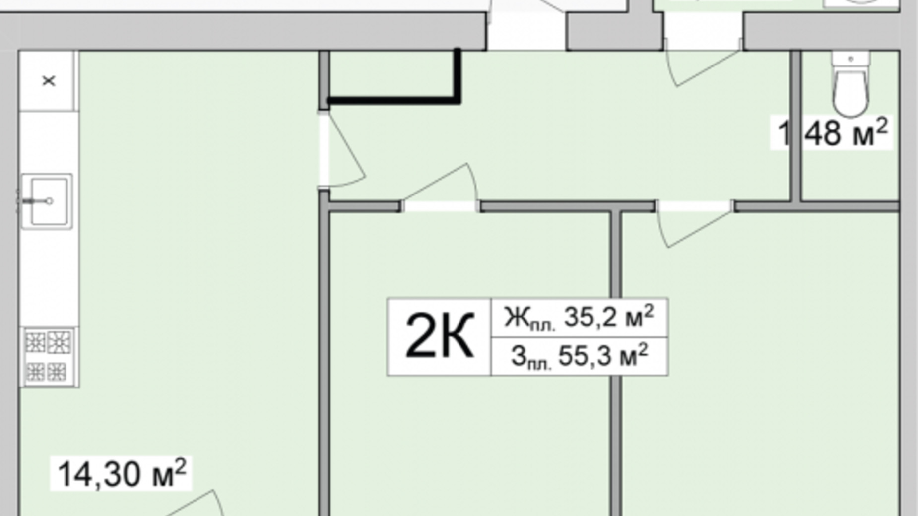 Планировка 2-комнатной квартиры в ЖК Burgundia 3 56.62 м², фото 680935
