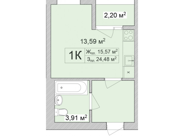 ЖК Burgundia 3: планировка 1-комнатной квартиры 26.64 м²