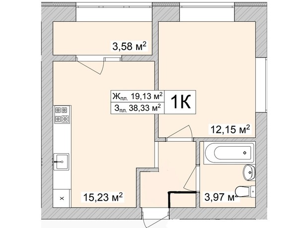 ЖК Burgundia 3: планування 1-кімнатної квартири 39.65 м²