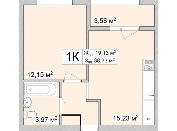 ЖК Burgundia 3: планування 1-кімнатної квартири 39.67 м²
