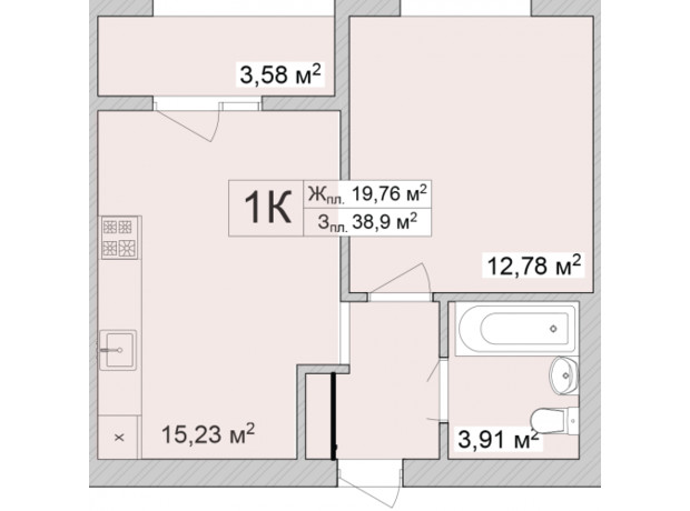 ЖК Burgundia 3: планування 1-кімнатної квартири 40.49 м²