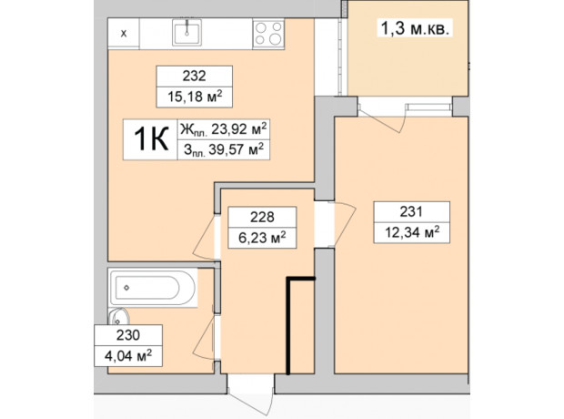ЖК Burgundia 3: планування 1-кімнатної квартири 37.64 м²