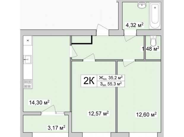 ЖК Burgundia 3: планировка 2-комнатной квартиры 56.62 м²