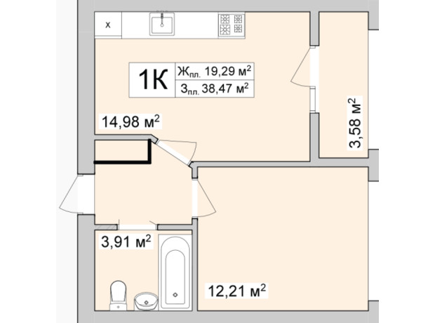 ЖК Burgundia 3: планування 1-кімнатної квартири 39.72 м²