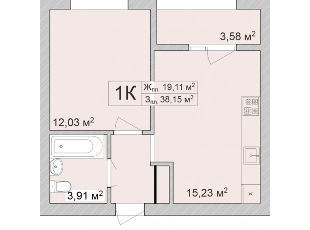 ЖК Burgundia 3: планування 1-кімнатної квартири 39.82 м²