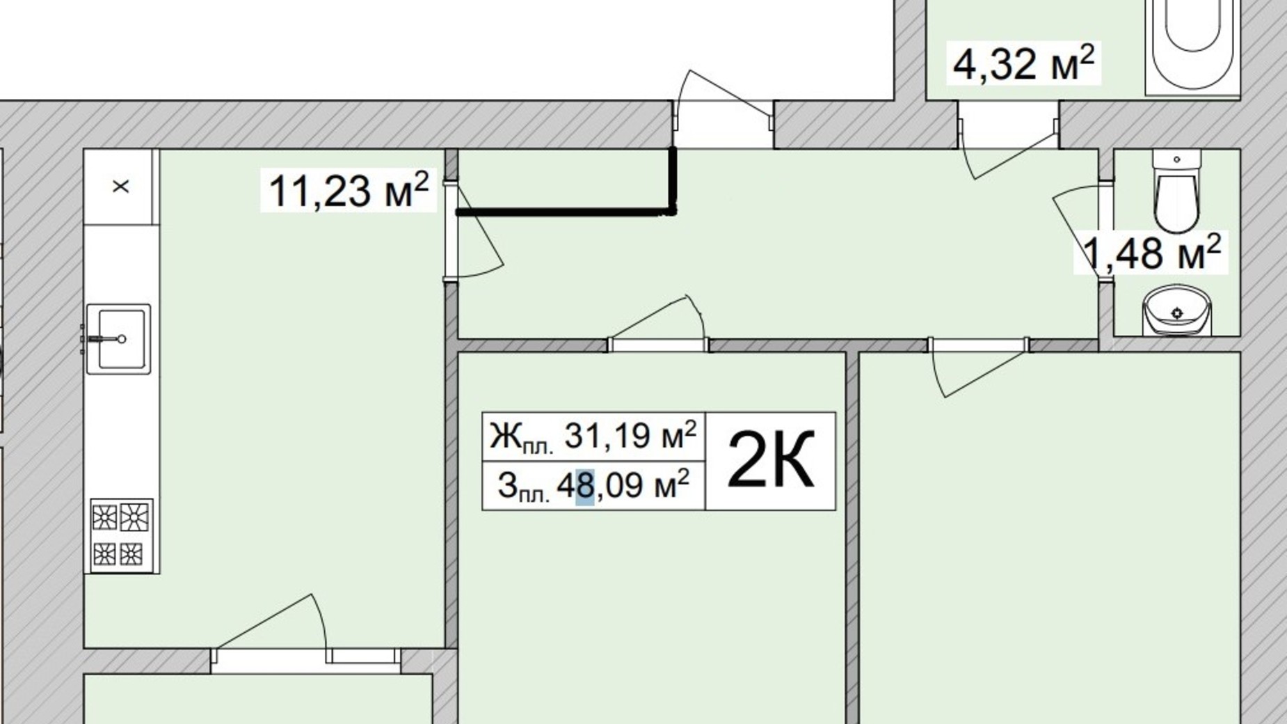 Планування 2-кімнатної квартири в ЖК Burgundia 3 51.04 м², фото 680976