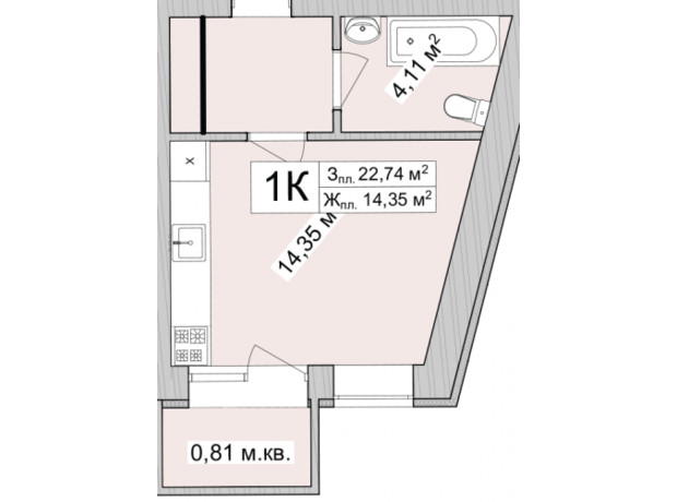 ЖК Burgundia 3: планировка 1-комнатной квартиры 24.61 м²