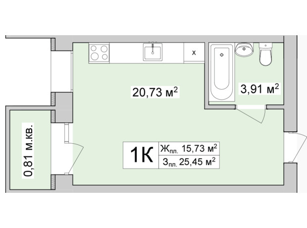 ЖК Burgundia 3: планировка 1-комнатной квартиры 25.52 м²