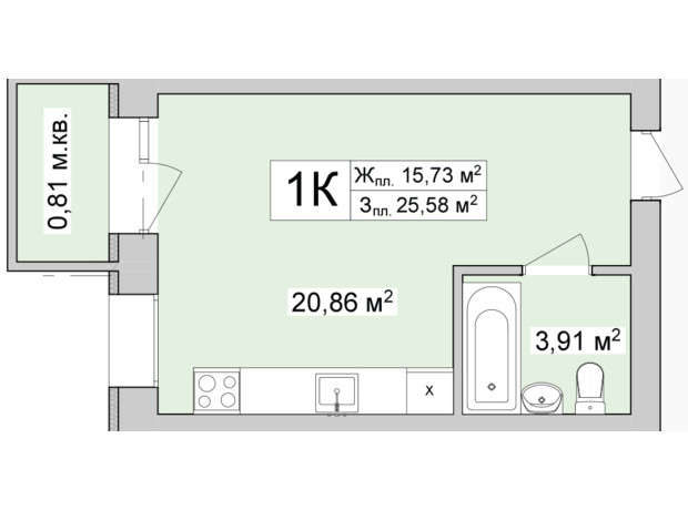 ЖК Burgundia 3: планировка 1-комнатной квартиры 25.91 м²