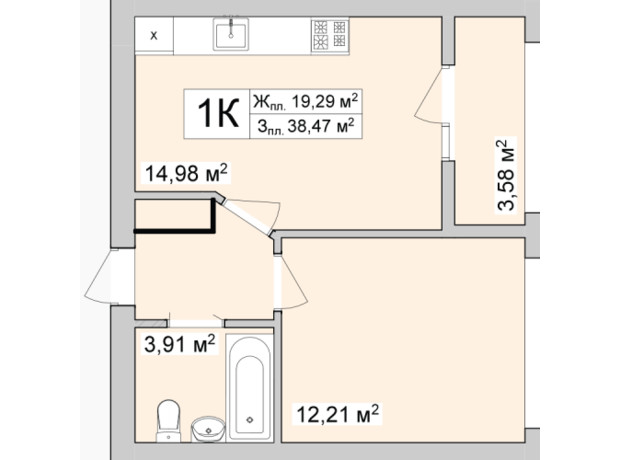 ЖК Burgundia 3: планировка 1-комнатной квартиры 38.12 м²