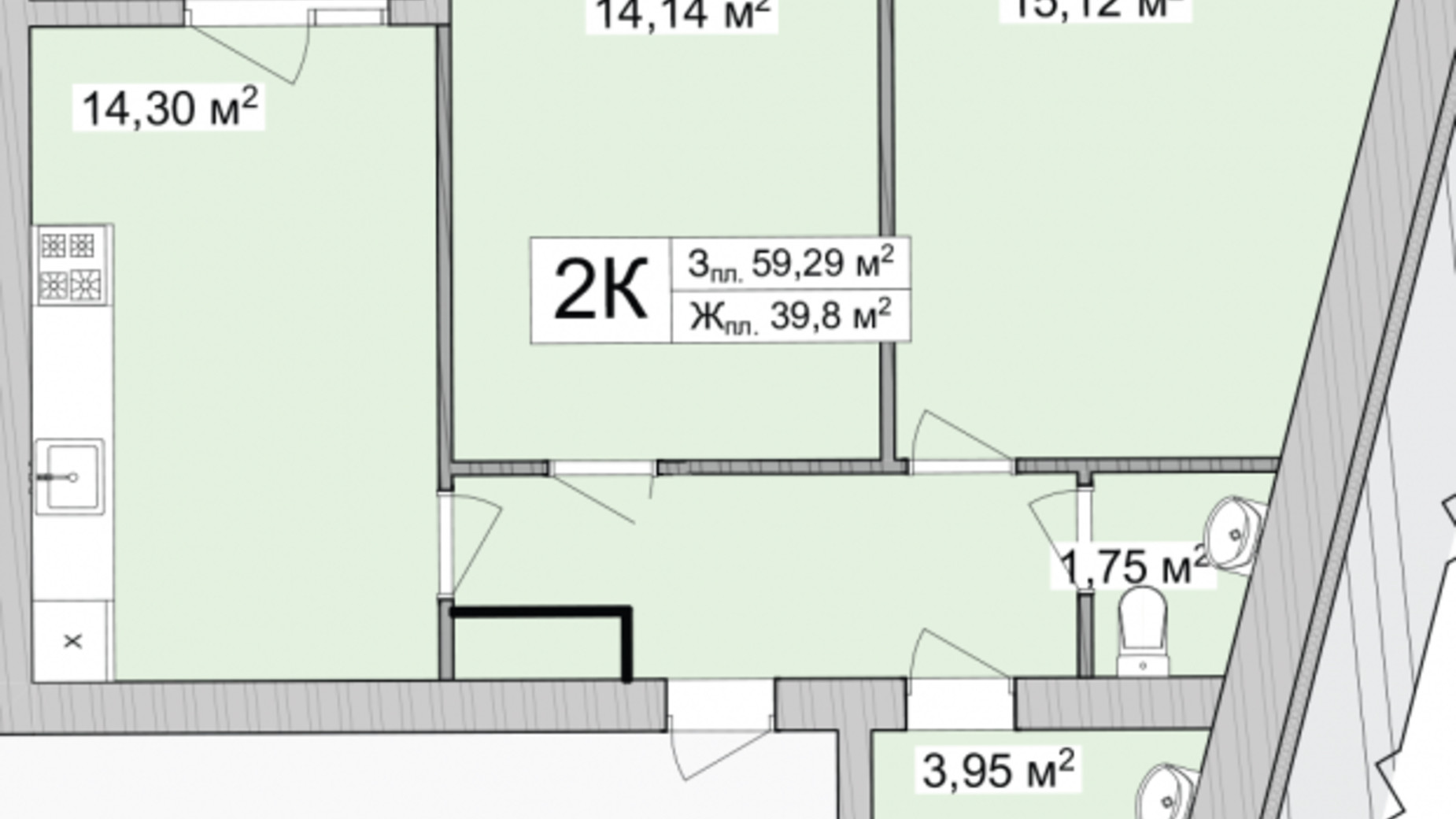 Планировка 2-комнатной квартиры в ЖК Burgundia 3 62.38 м², фото 680983