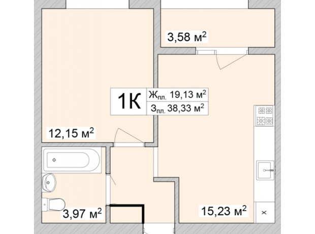 ЖК Burgundia 3: планировка 1-комнатной квартиры 39.83 м²