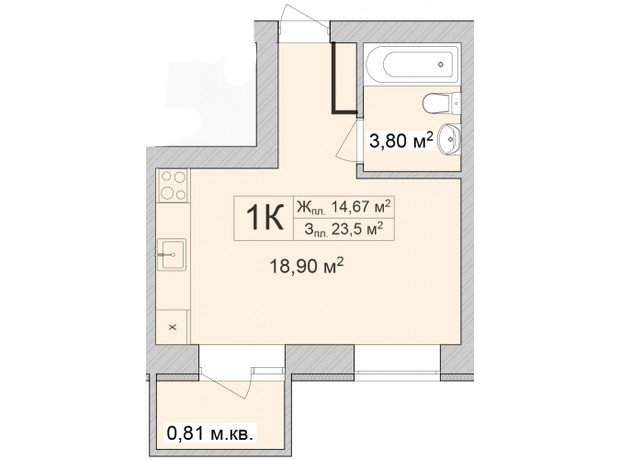 ЖК Burgundia 3: планировка 1-комнатной квартиры 23.25 м²