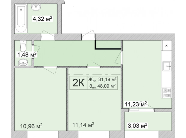 ЖК Burgundia 3: планировка 2-комнатной квартиры 39.84 м²