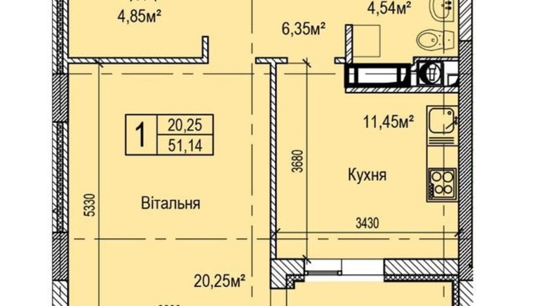 Планировка 1-комнатной квартиры в ЖК Dynastia BC 51.5 м², фото 681184