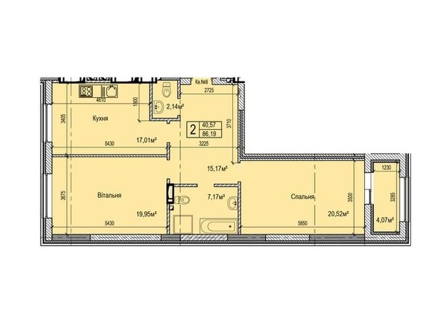 ЖК Dynastia BC: планировка 2-комнатной квартиры 84.4 м²