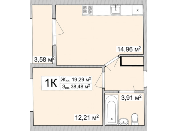 ЖК Burgundia 3: планування 1-кімнатної квартири 41.01 м²