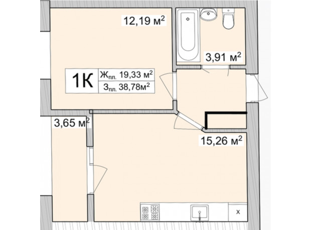 ЖК Burgundia 3: планування 1-кімнатної квартири 41.35 м²
