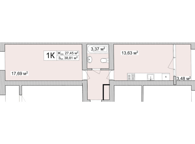 ЖК Burgundia 3: планування 1-кімнатної квартири 43.48 м²