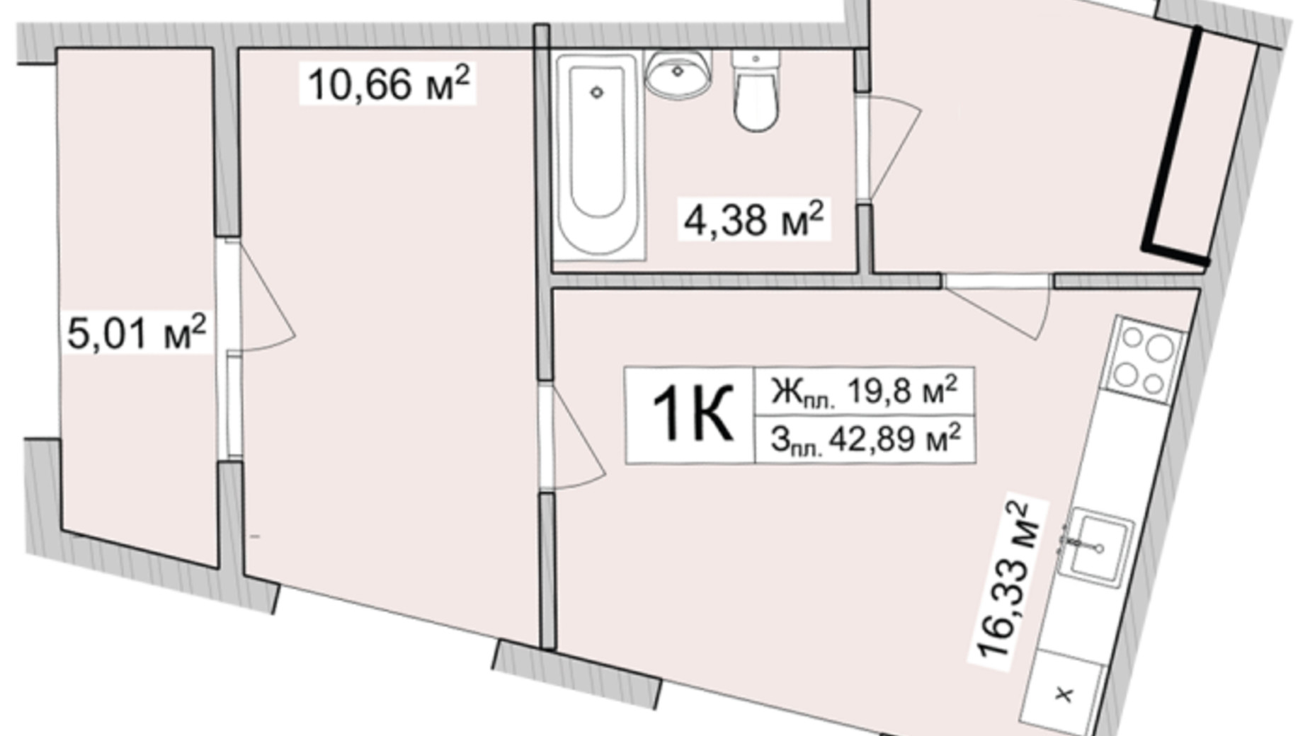 Планировка 1-комнатной квартиры в ЖК Burgundia 3 44.97 м², фото 681258