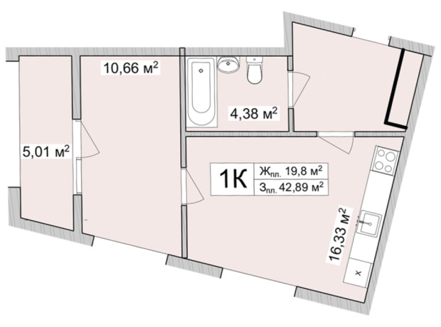 ЖК Burgundia 3: планування 1-кімнатної квартири 44.97 м²