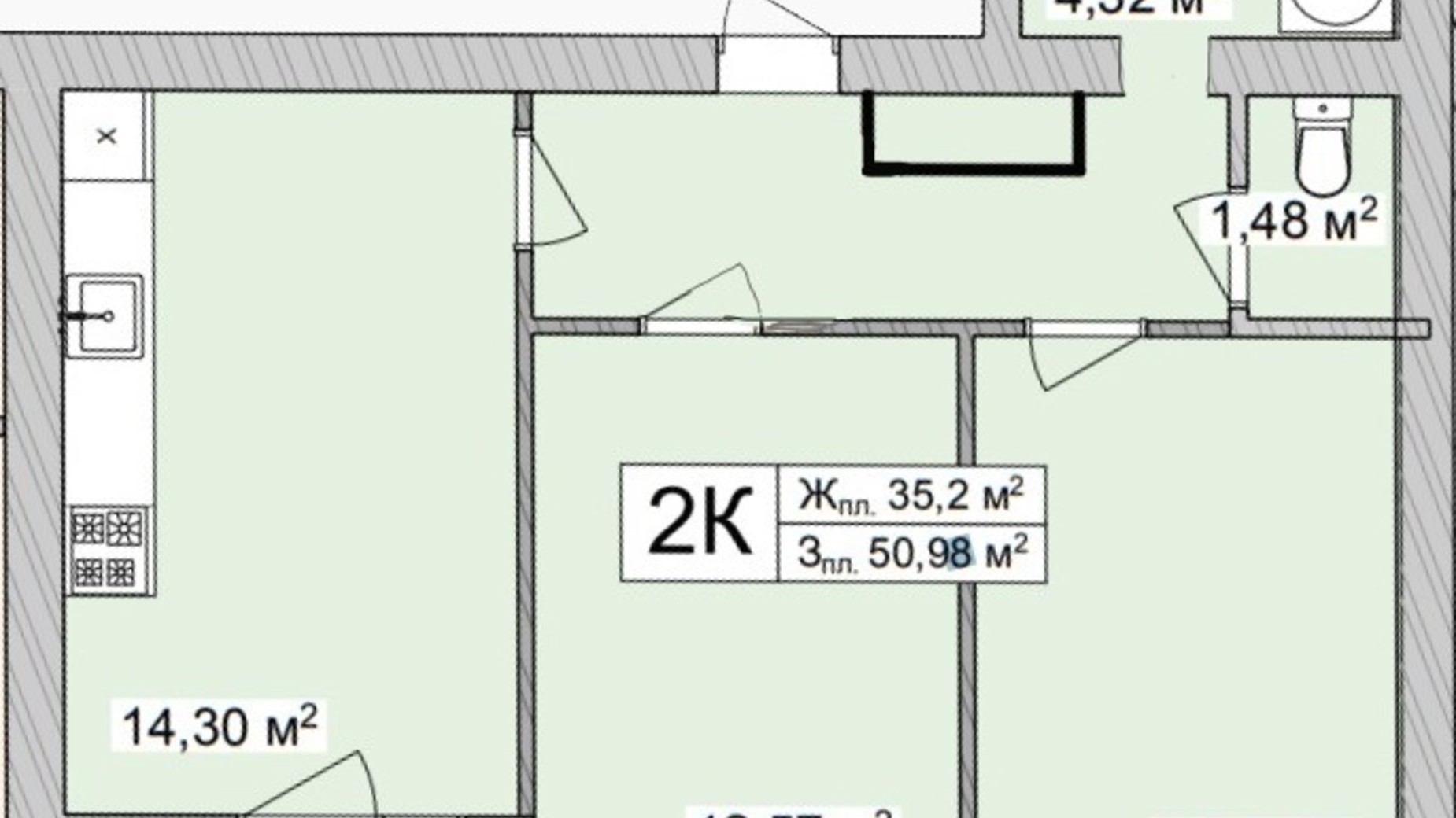 Планировка 2-комнатной квартиры в ЖК Burgundia 3 56.72 м², фото 681259