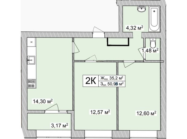 ЖК Burgundia 3: планировка 2-комнатной квартиры 56.72 м²
